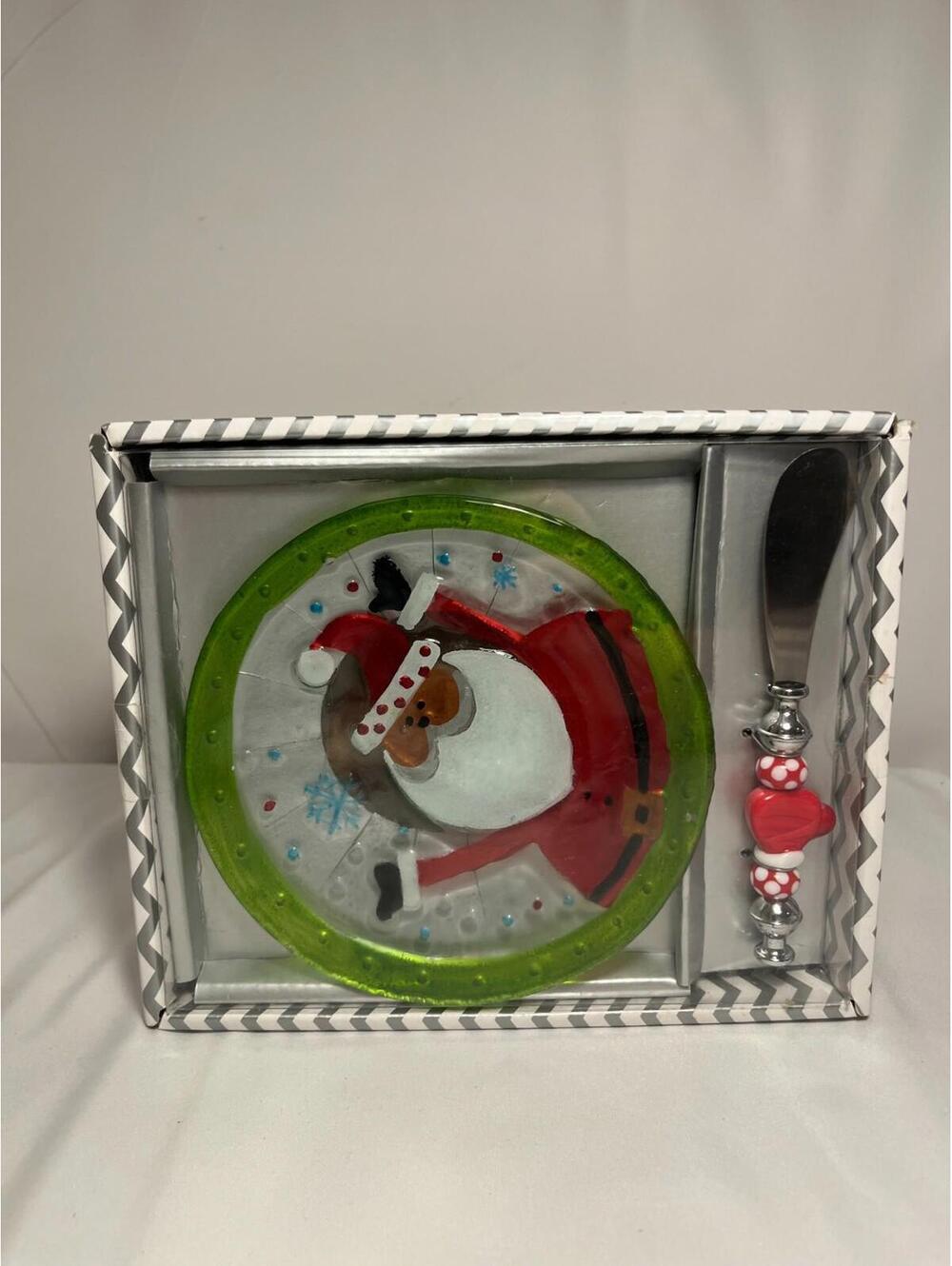 Christmas Santa Glass Snack Plate & Spreader Set Holiday Appetizer Dish NEW Gift